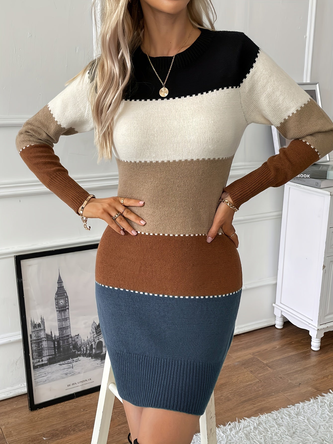 Valenzora | Chic autumn color block long-sleeved dress for women