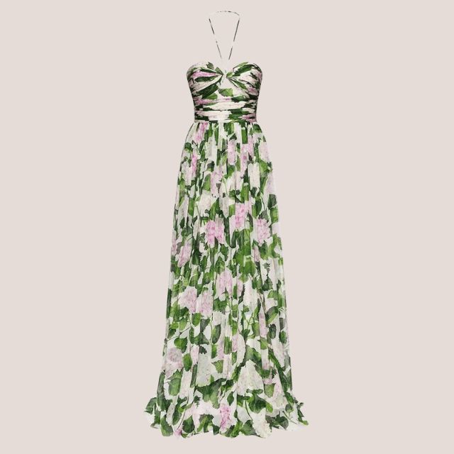 Valenzora | Strapless maxi dress with floral pattern and gathered bodice