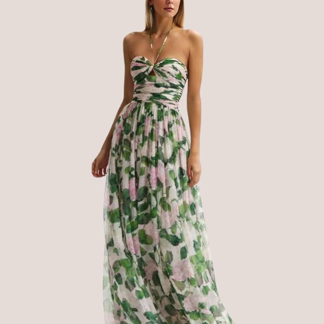 Valenzora | Strapless maxi dress with floral pattern and gathered bodice