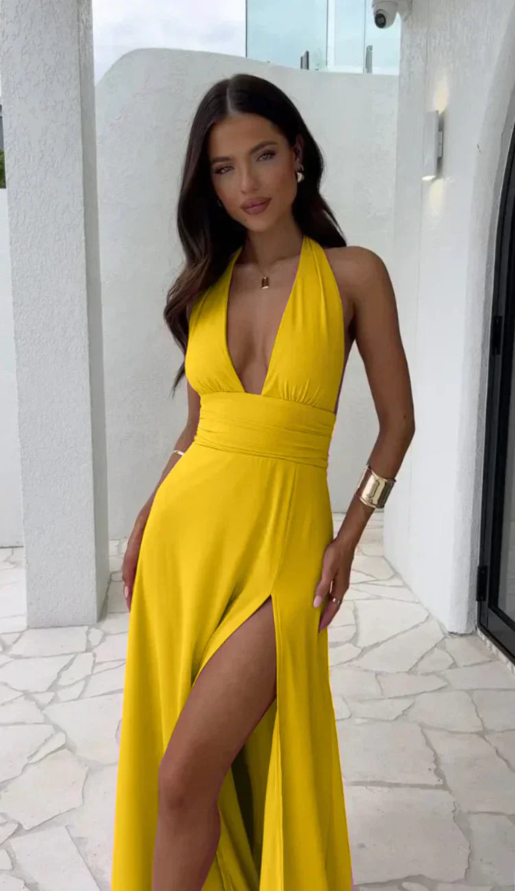 Valenzora | Sexy deep V-neck split solid color dress