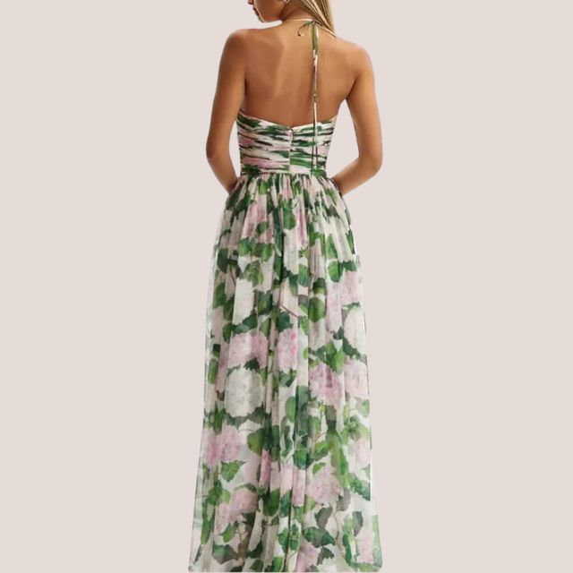 Valenzora | Strapless maxi dress with floral pattern and gathered bodice