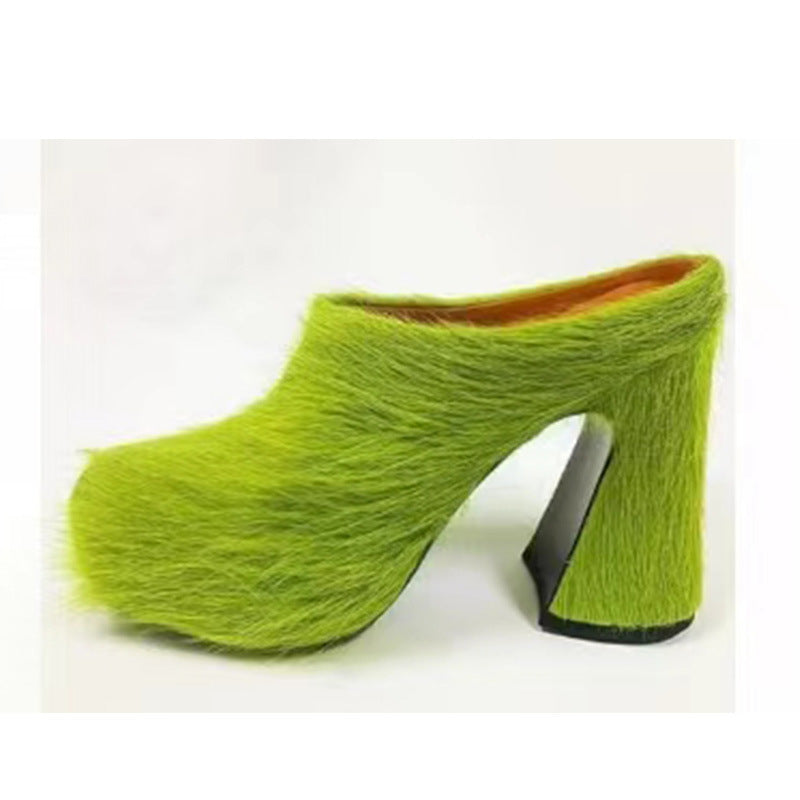Valenzora | Closed Toe Horsehair Chunky Heel Waterproof Platform Slippers