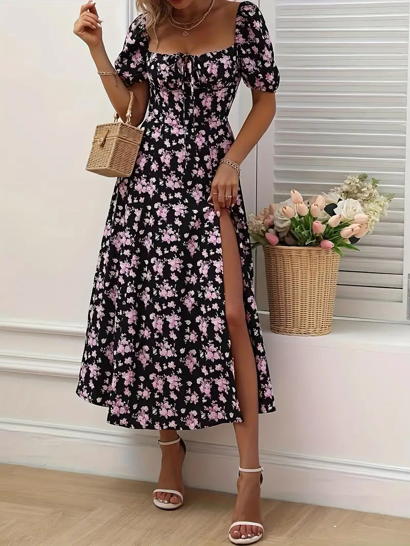 Valenzora | Chic dress with puff sleeves in an A-line style with floral print