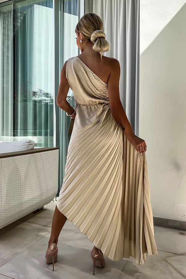 Valenzora | Romantic Nights Satin Sublime Floral Elastic Cutout One-Shoulder Pleated Maxi Dress