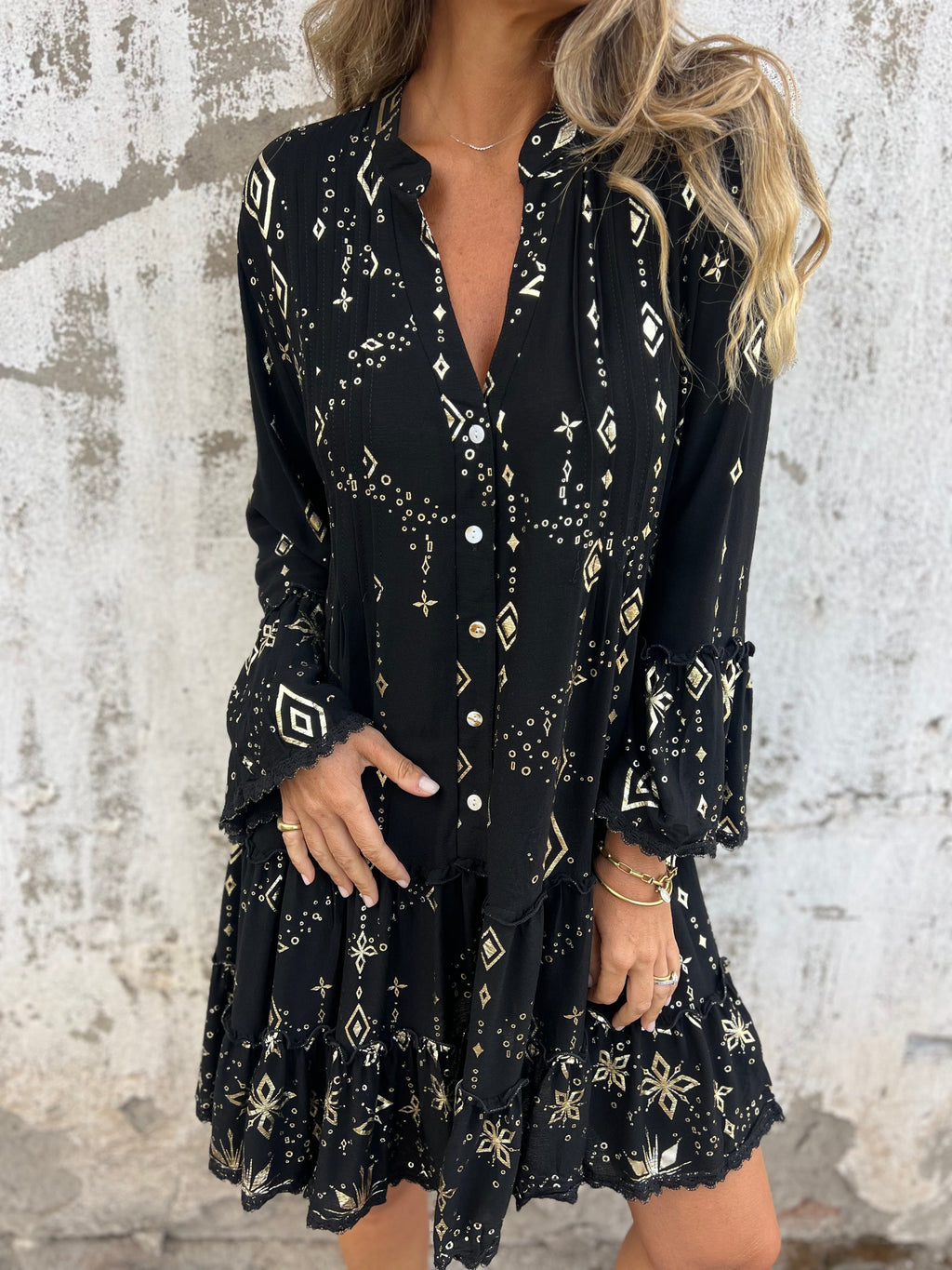 Valenzora | Boho Metallic Shirt Dress