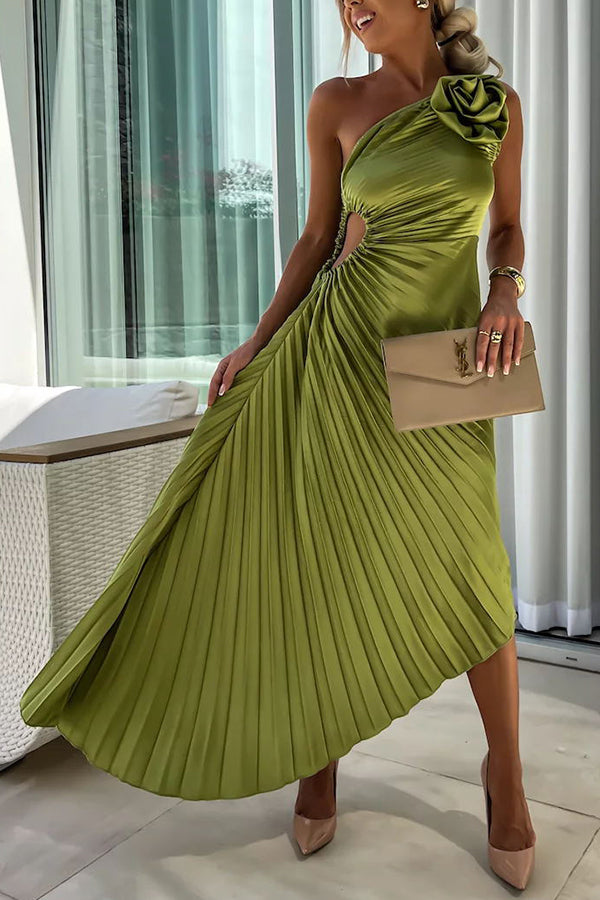Valenzora | Romantic Nights Satin Sublime Floral Elastic Cutout One-Shoulder Pleated Maxi Dress