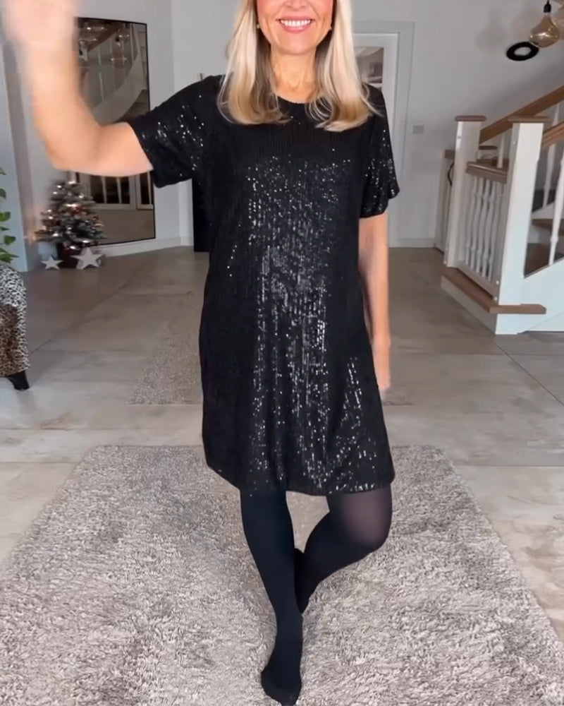 Valenzora | Kurzärmeliges Kleid mit Rundhalsausschnitt und Pailletten