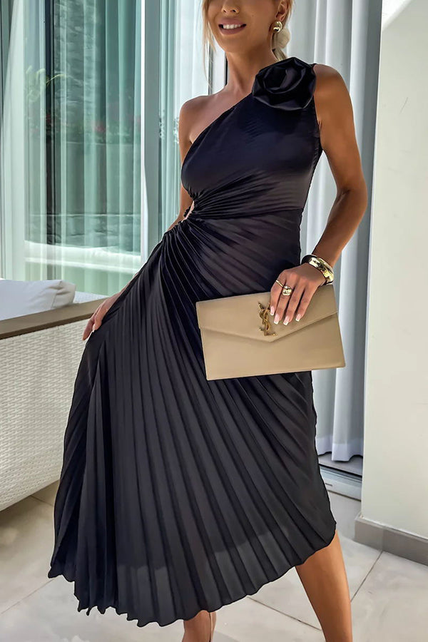 Valenzora | Romantic Nights Satin Sublime Floral Elastic Cutout One-Shoulder Pleated Maxi Dress