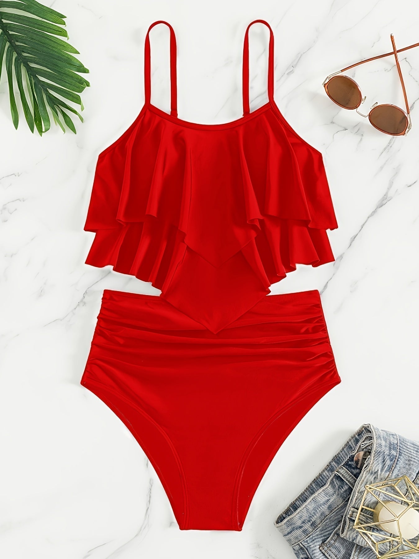Valenzora | Ruched, Layered Two-Piece Black Tankini for Women