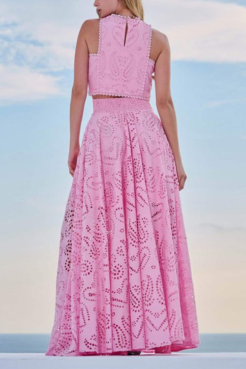 Valenzora | Rosiedress Spitzen-Hohlrundhals-Crop-Tanktop und High-Waist-Maxirock-Set