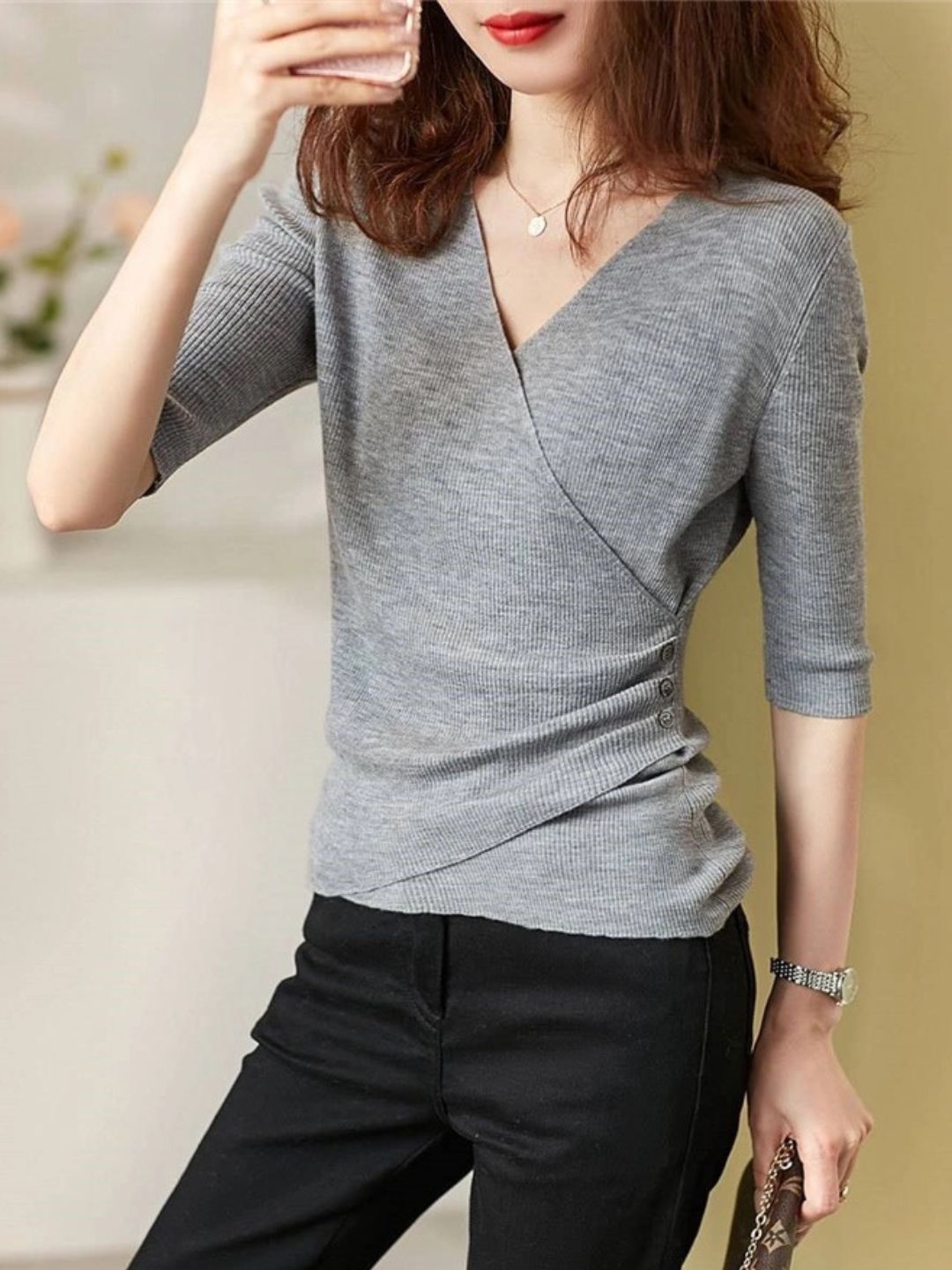 Valenzora | Casual V-neck solid color knit top green