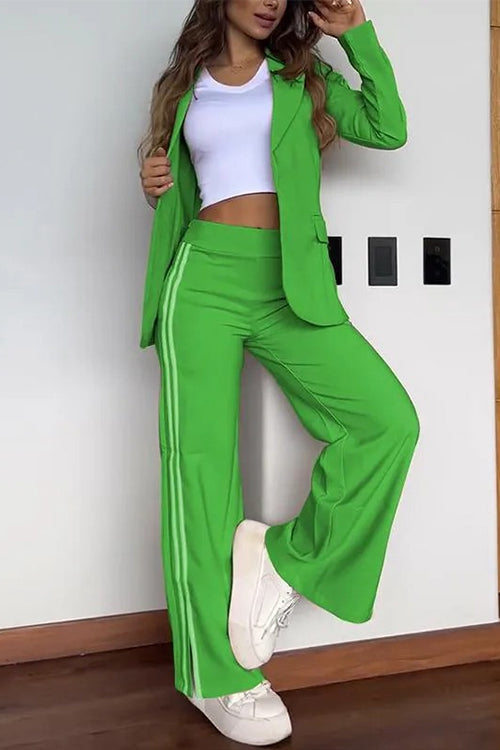 Valenzora | Rosiedress Color Block Open Front Blazer Elastic Waist Slit Wide Leg Trousers Set