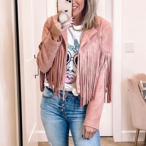 Suede jacket for women with tassel trim