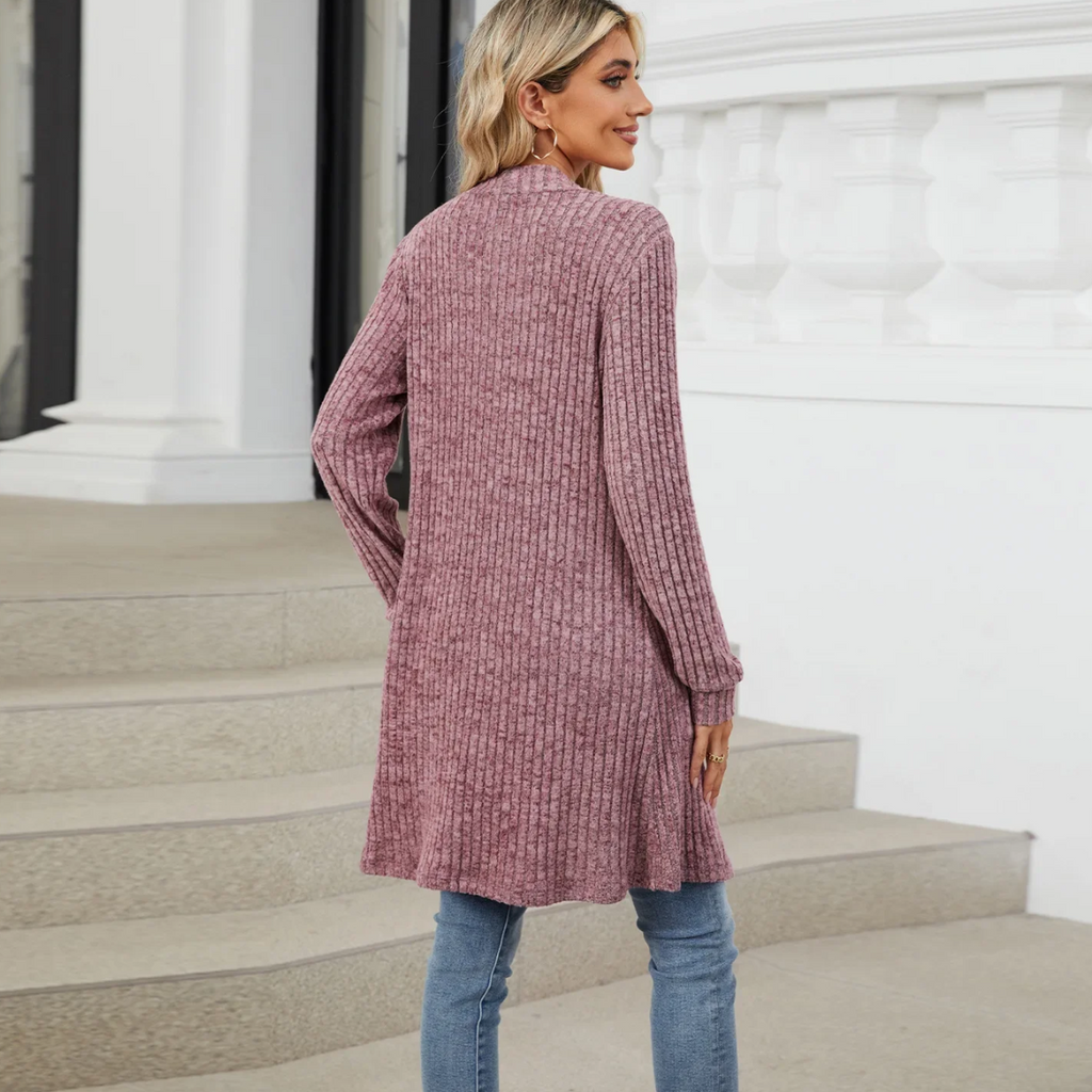 Valenzora | Langer gerippter Cardigan für Damen mit offener Vorderseite und Taschen