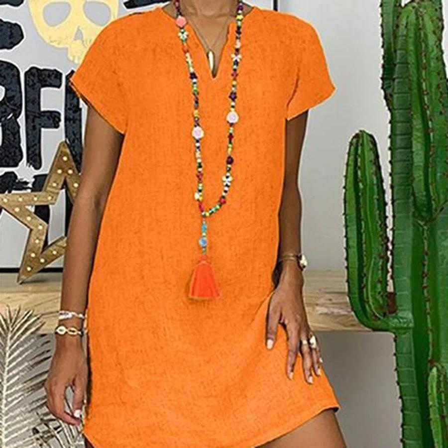 Valenzora | Chic linen midi dress with V-neck for women