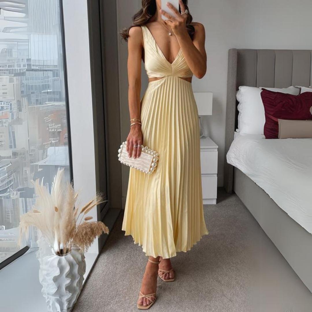 Valenzora | Midi Dress Sleeveless V-neck Twist Front & Cut Out Detail Pleated Skirt