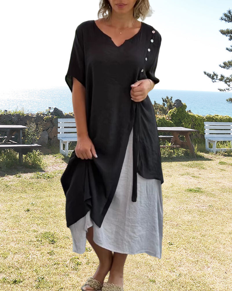 Valenzora | Asymmetrisches Kleid mit kurzen Ärmeln und V-Ausschnitt