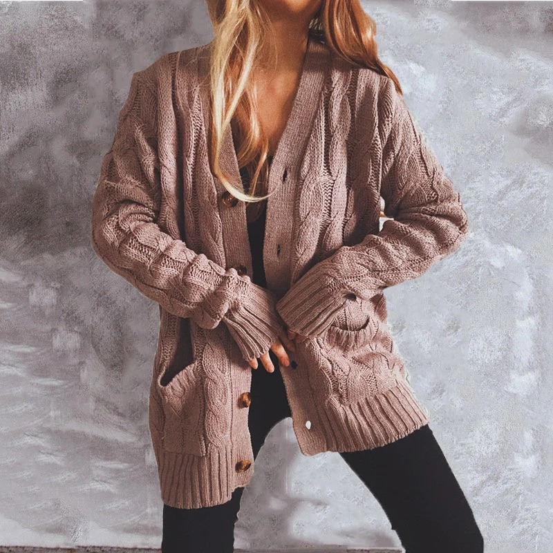 Valenzora | Damen-Wollstrickjacke mit Zopfmuster und Holzknöpfen, lockere Passform