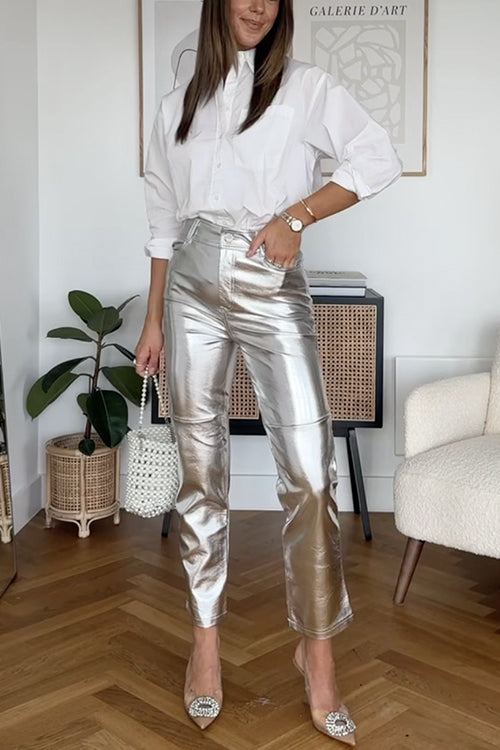 Valenzora | Rosiedress High Rise Metallic Faux Leather Cropped Pants
