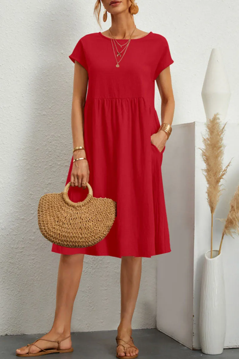 Valenzora | Schickes kurzärmeliges Kleid mit Rundhalsausschnitt im Unifarben-Patchwork-Design