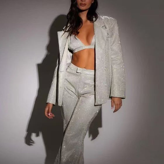 Valenzora | Shiny women's suit set with blazer and straight-leg trousers for parties