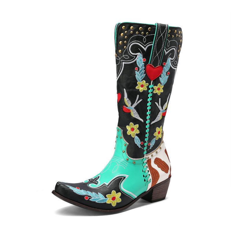 Valenzora | Denim Western Shoes Women's Leather Boots Fantastic Embroidery