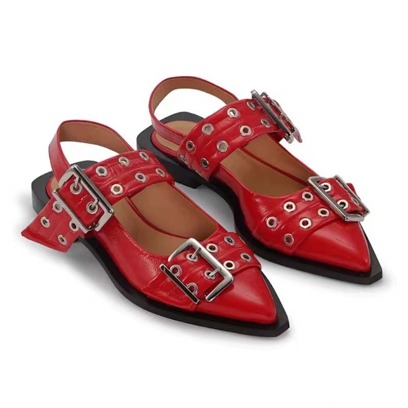 Valenzora | Pointed toe belt buckle mules leather flat sandals