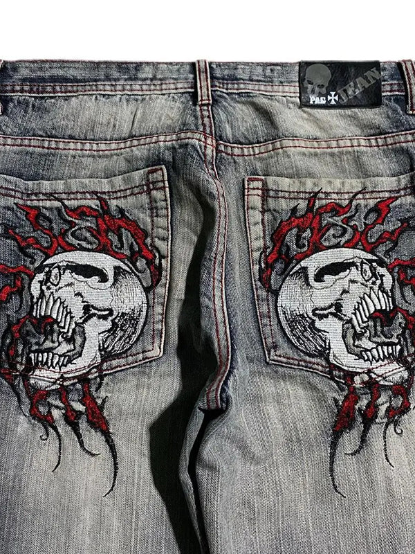 Valenzora | 2000s Boyfriend Baggy Jeans With Skull Embroidery