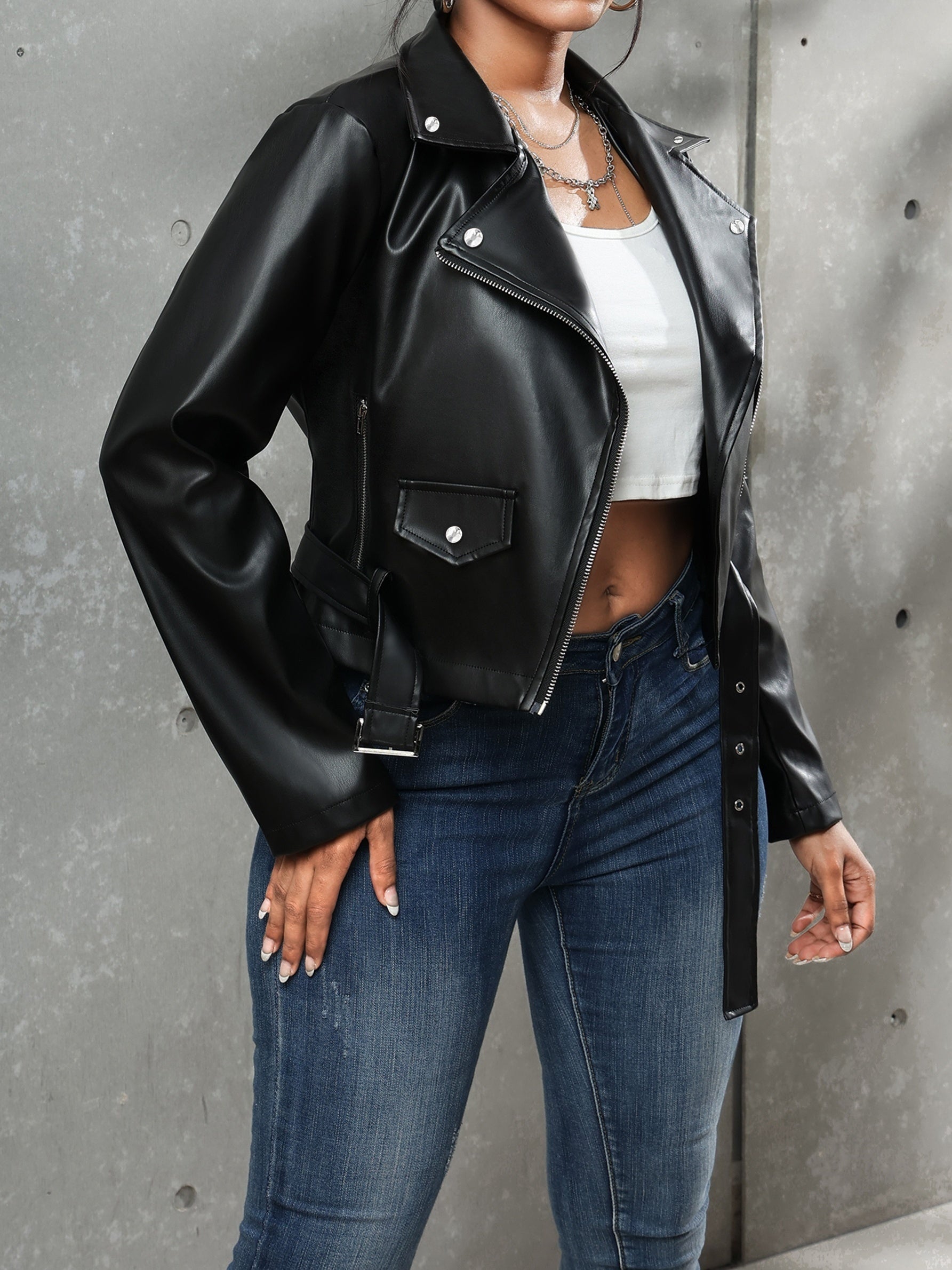 Valenzora | Black leather jacket with belt for women