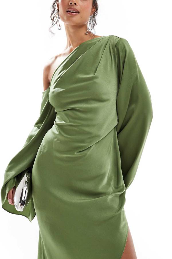 Valenzora | Zayla Satin Asymmetrical One Shoulder Bell Sleeve Slit Maxi Dress