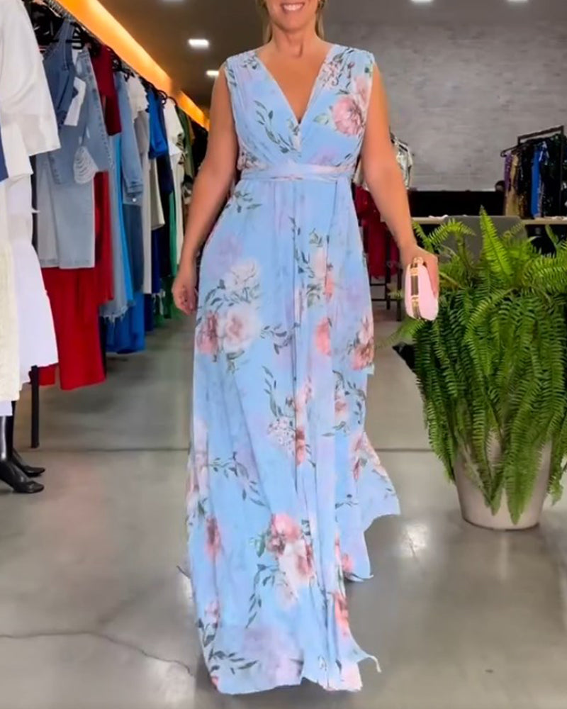 Valenzora | Elegant sleeveless V-neck floral print dress