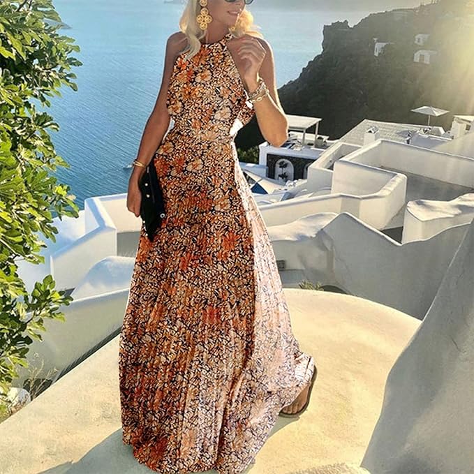 Valenzora | Boho Print Patchwork Halter Pleated Dresses