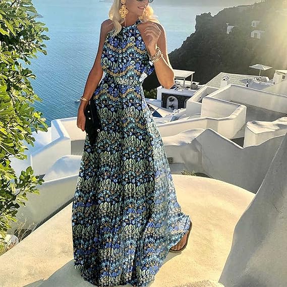 Valenzora | Boho Print Patchwork Halter Pleated Dresses