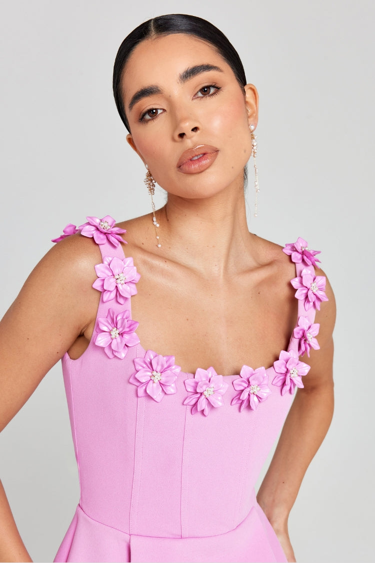 Valenzora | Cindy Faux Pearl Flower Applique Square Neckline Pockets Mini Dress