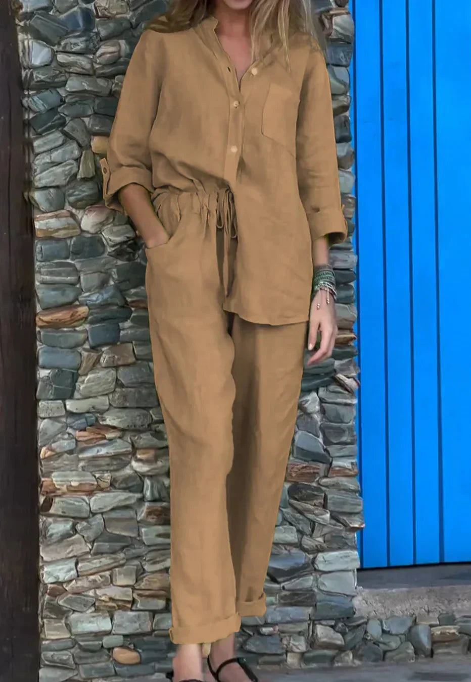 Valenzora | Casual V-neck shirt & trousers cotton-linen set