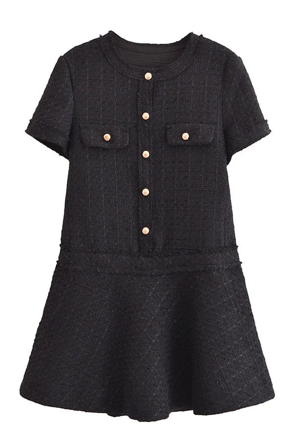 Valenzora | 1960s London Girl Tweed Textured Short-Sleeved Dress with Gold Buttons and Pockets