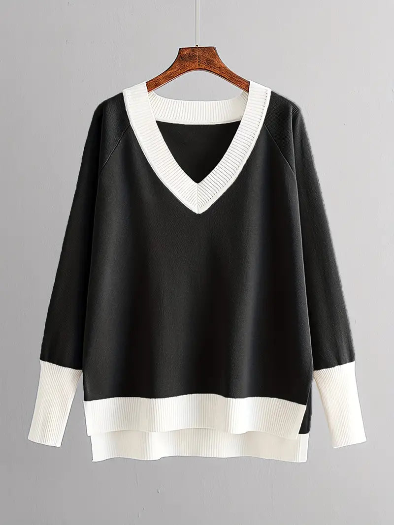 Valenzora | Stylish set consisting of a long-sleeved knit top and V-neck trousers