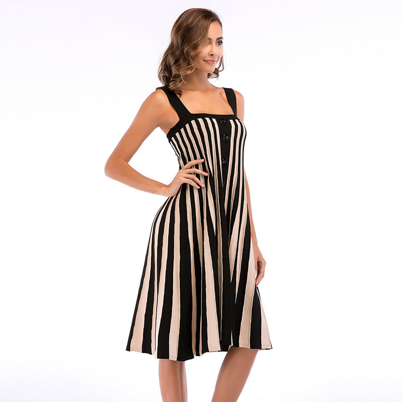 Women's midi dress with colorful striped pattern and buttoned front, size