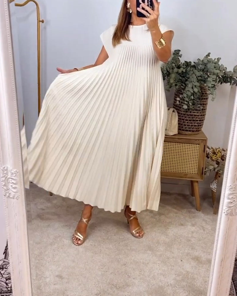 Elegant pleated dress, solid color, sleeveless