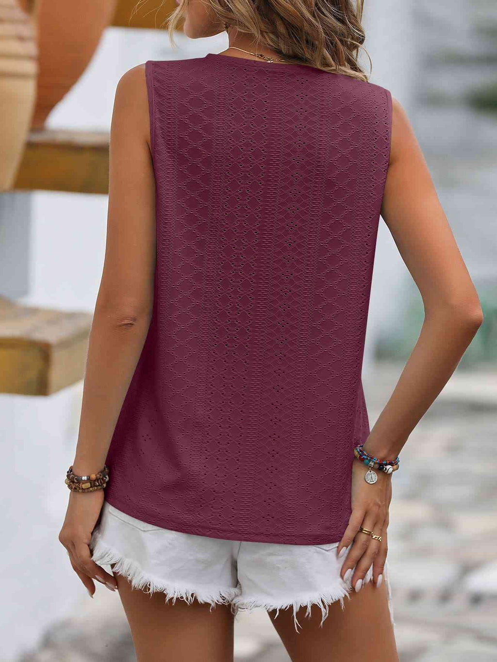 Valenzora | Split Lace V-Neck Sleeveless Shirt