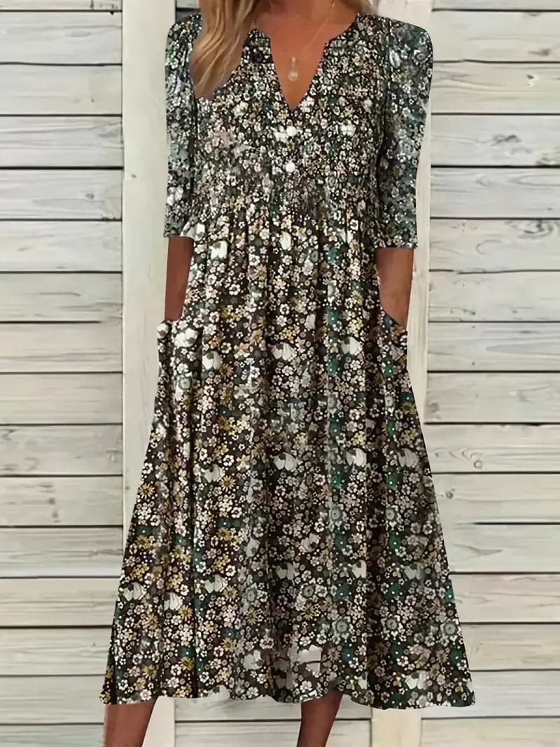 Valenzora | Midikleid, A-Linie, V-Ausschnitt, 3/4-Ärmel, Blumenmuster