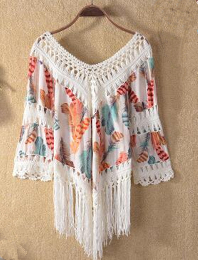 Damen-Strandponcho für die Freizeit mit Fransen und modischem Muster, Größe [size]