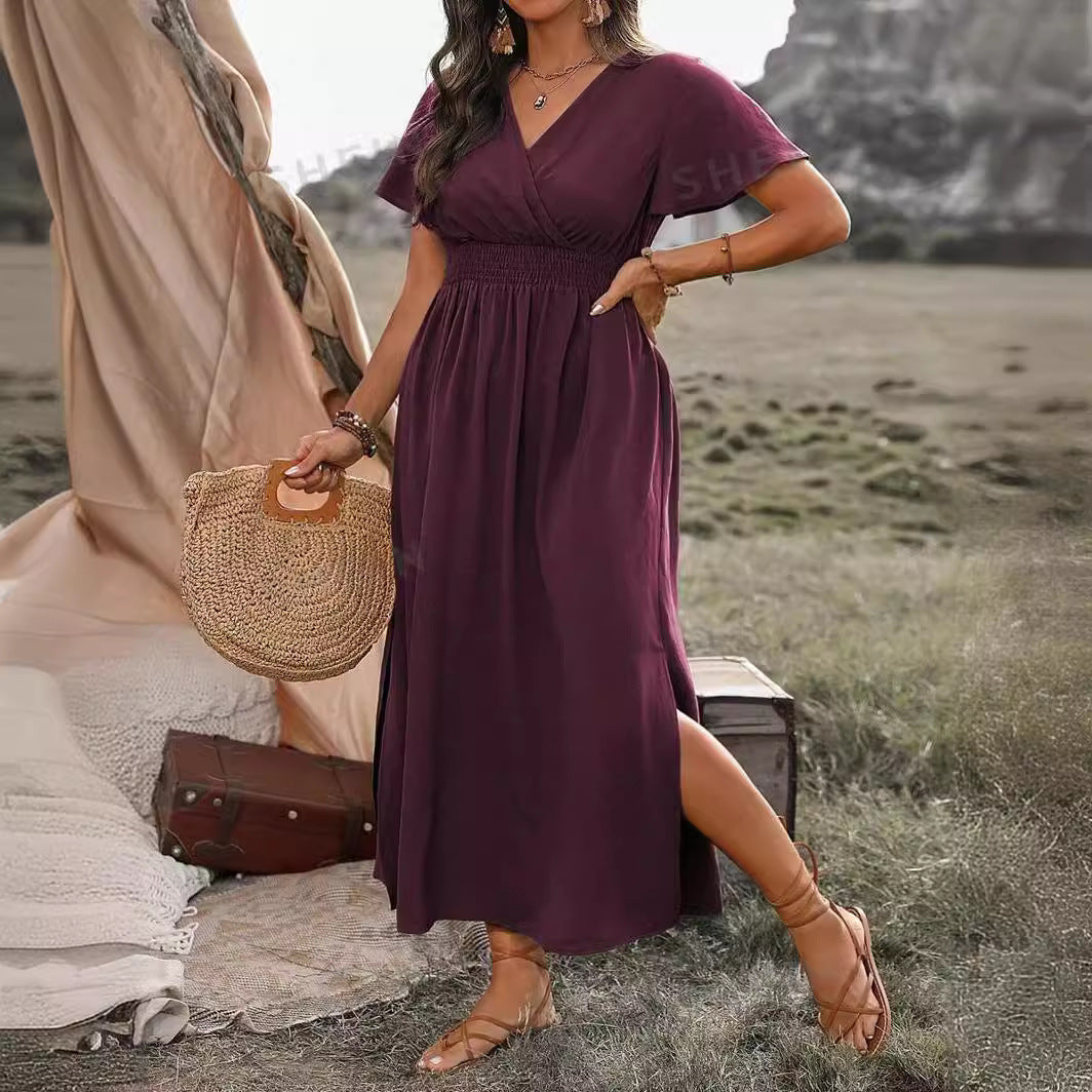 Valenzora | Elegant short-sleeved dress with choir collar