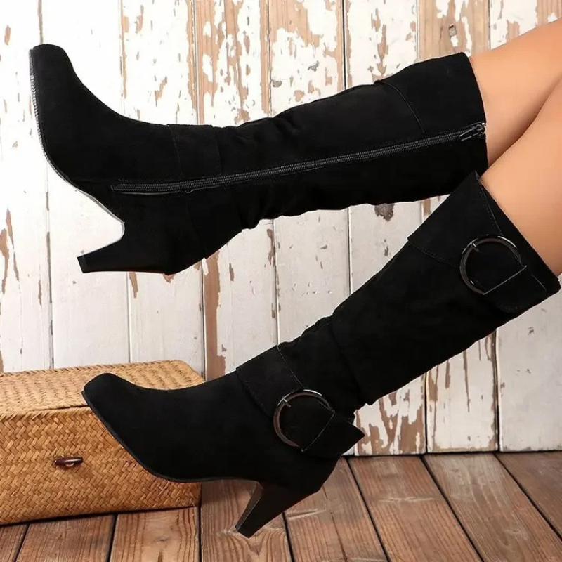 Valenzora | Women's Knee-Length Boots with Zipper and Buckle Stylish High Boots