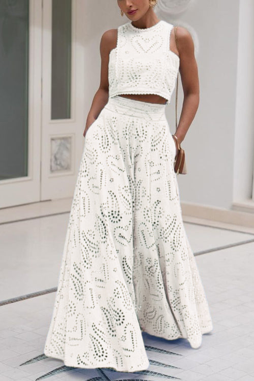 Valenzora | Rosiedress Spitzen-Hohlrundhals-Crop-Tanktop und High-Waist-Maxirock-Set