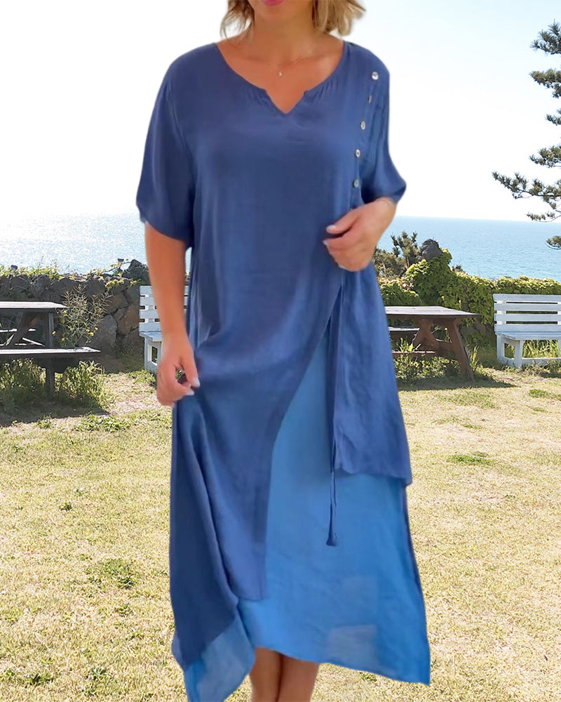 Valenzora | Asymmetrisches Kleid mit kurzen Ärmeln und V-Ausschnitt