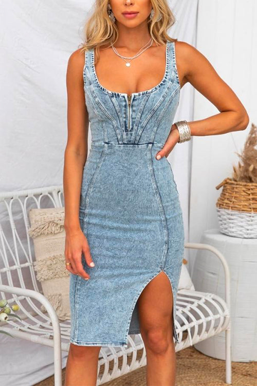 Valenzora | U-neck zip slit denim bodycon cami dress