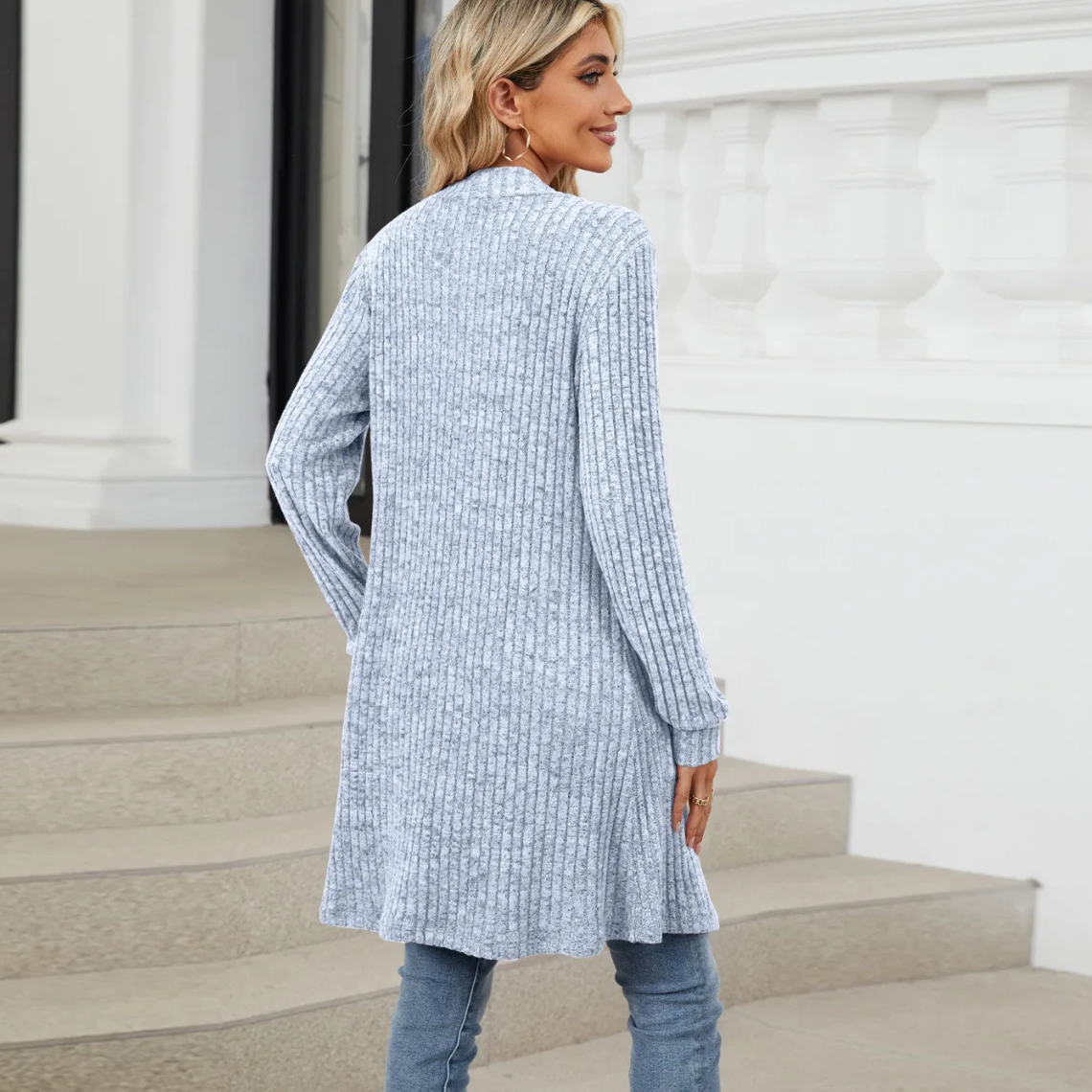 Valenzora | Langer gerippter Cardigan für Damen mit offener Vorderseite und Taschen