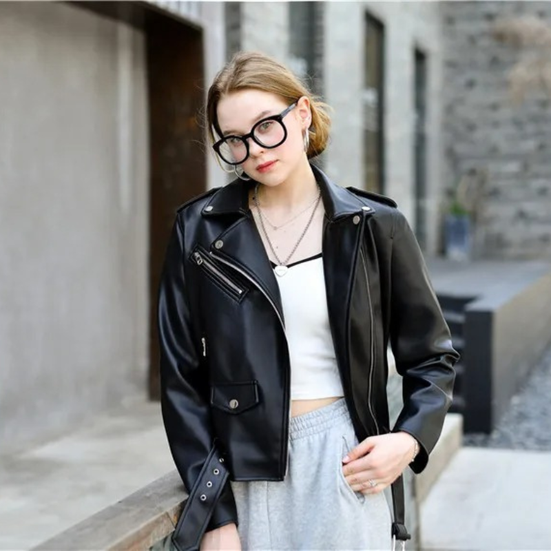 Valenzora | Damen Biker-Lederjacke mit Reißverschlüssen und Gürtel