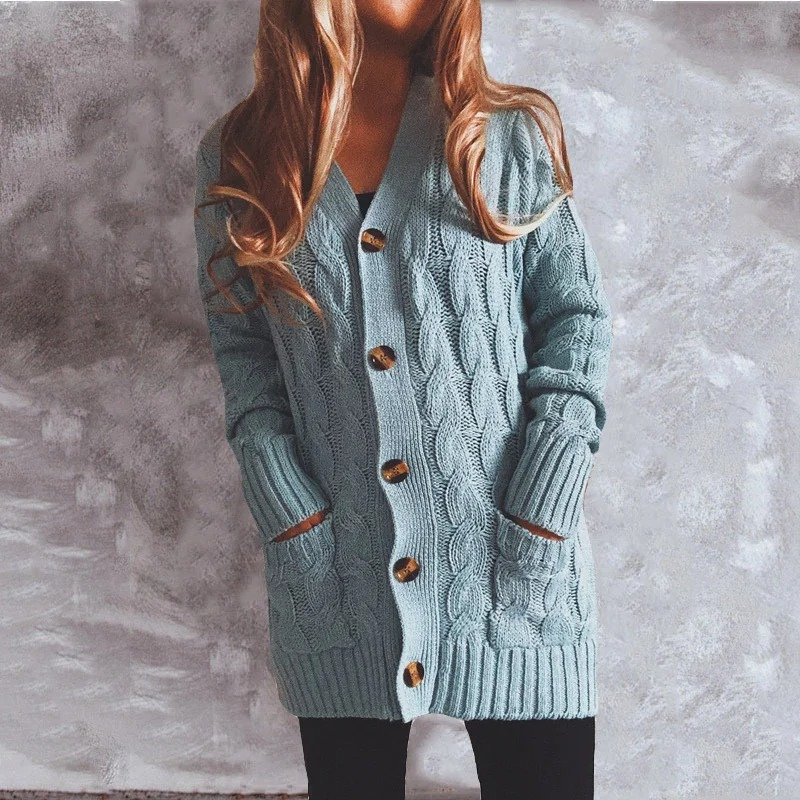 Valenzora | Damen-Wollstrickjacke mit Zopfmuster und Holzknöpfen, lockere Passform